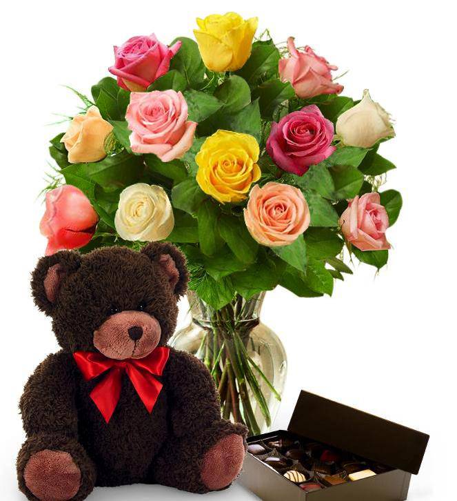 Dozen Assorted Color Roses, Bear & Chocolates | Avas Flowers