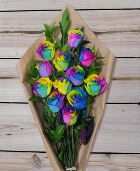 One Dozen Rainbow Roses with Birthday Pick